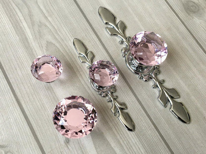 Pink Glass Drawer Knobs with Backplate, Polished Chrome