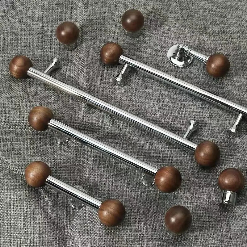 Walnut & Brass Chrome Cabinet Drawer Pull, Modern Japandi Kitchen Hardware