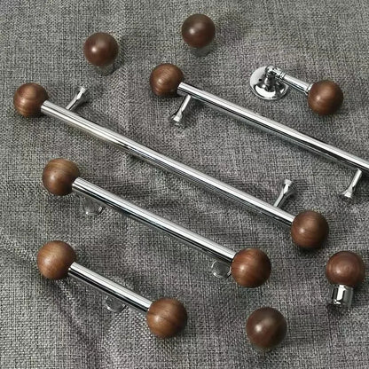 Walnut & Brass Chrome Cabinet Drawer Pull, Modern Japandi Kitchen Hardware