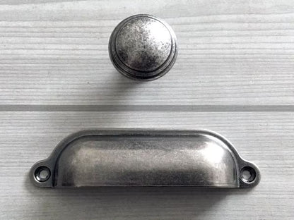 Antique Pewter Cabinet Pulls, Square Knob, Retro Kitchen Hardware