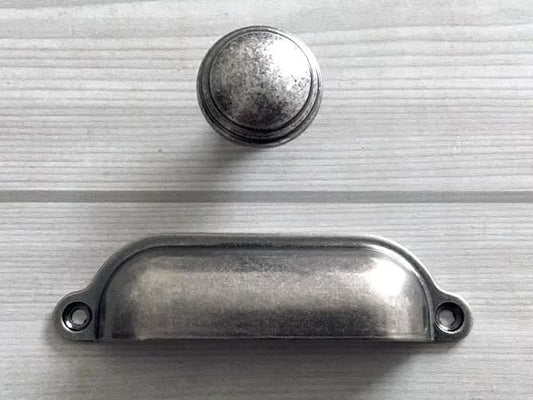 Antique Pewter Cabinet Pulls, Square Knob, Retro Kitchen Hardware