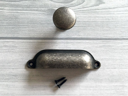 Cup Drawer Pull and Knobs, Antique Pewter, 3.5" Centers