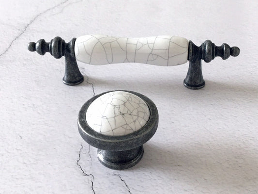 3" Drawer Pull Handles, White Crackle, Antique Pewter, 76 mm Centers