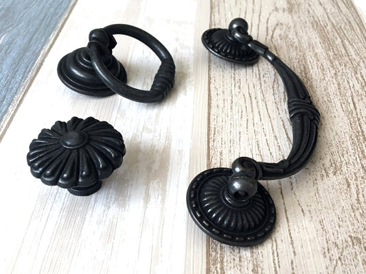 4.5" Vintage Style Antique Black Bail Drawer Pull, Drop Ring, Round Knob