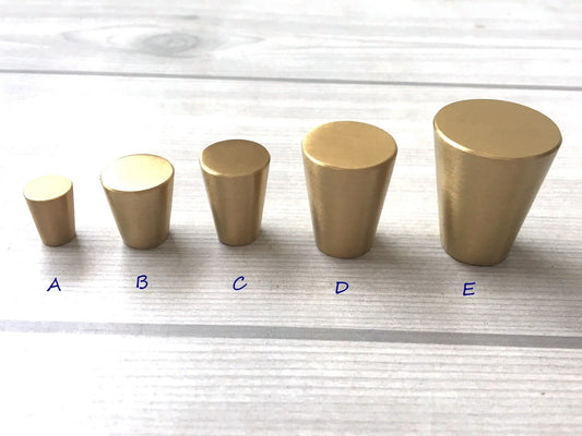 Tapered Brass Knob, Cone Drawer Pulls, Mid Century Modern Kitchen Hardware, Brushed Gold