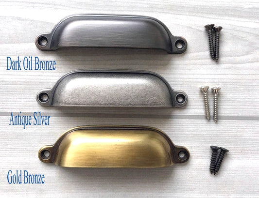 3.75" Centers Cup Drawer Pull, Gold, Silver, Bronze, Nickel, Pewter