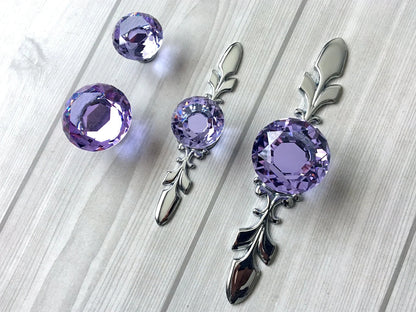 Purple Glass Drawer Knobs with Backplate, Polished Chrome