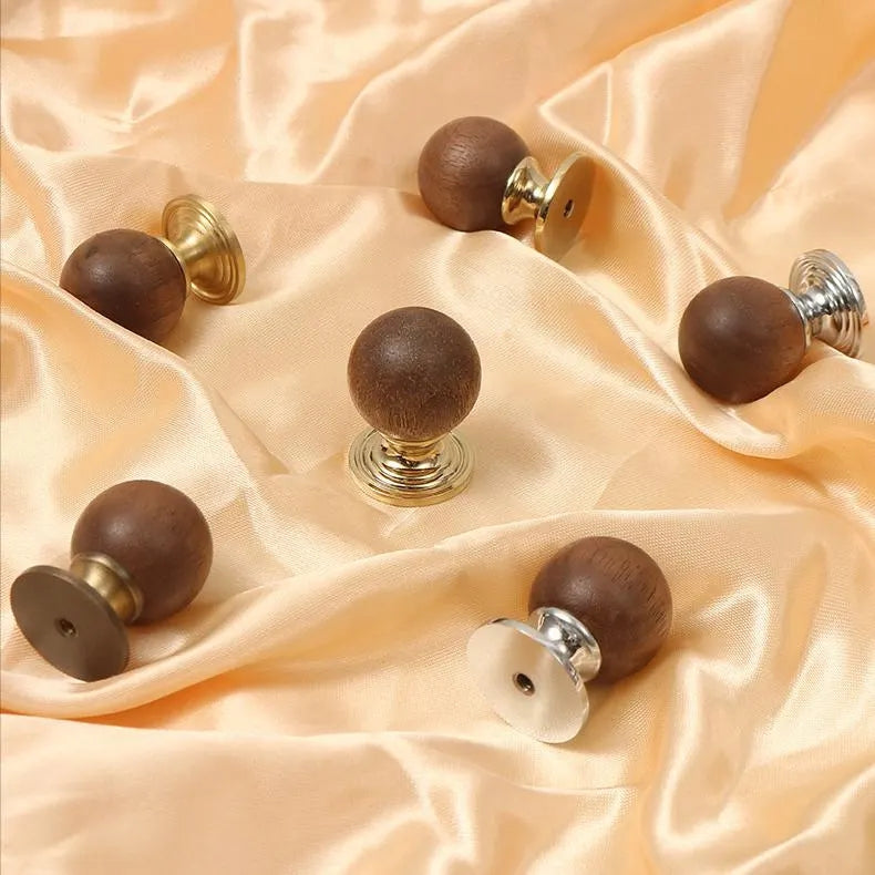Walnut Wood Brass Cabinet Knobs - Japandi Kitchen Hardware - LynnsHardware