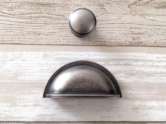 3" 3.75" 5" Cabinet Pull Handles, Antique Pewter, Cup Drawer Pulls