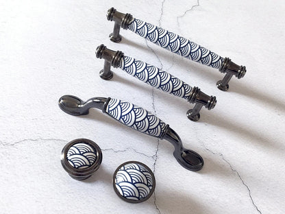 3.75" 5" Porcelain Cabinet Pulls, Blue White Scallop, Geometric Fish Scale, 96 128 mm Holes
