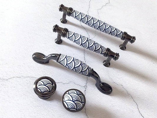 3.75" 5" Porcelain Cabinet Pulls, Blue White Scallop, Geometric Fish Scale, 96 128 mm Holes
