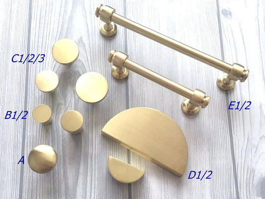 Brushed Gold Drawer Pull Half Moon, Circle Cabinet Knobs, Bar Handles, MCM Kitchen Hardware