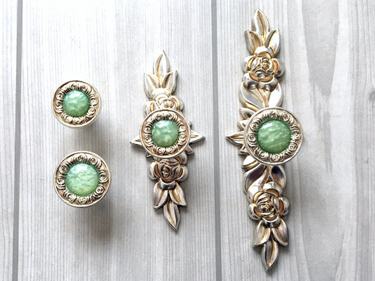 Shabby Chic Style Green Drawer Knobs with Antique Silver Backplate