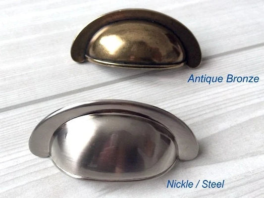 2.75" Cup Drawer Pull Vintage Style, Antique Bronze, Black, Nickel