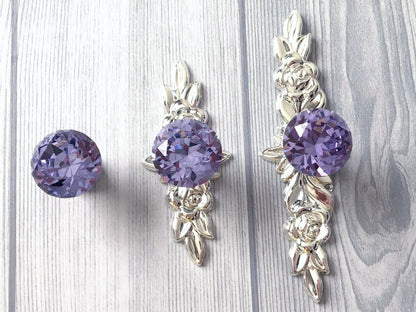Purple Crystal Drawer Knobs with Backplate Shabby Chic