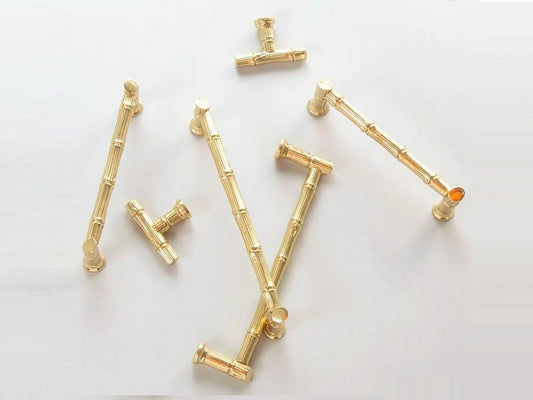 Bamboo Drawer Handles, Polished Gold, Kitchen Cabinet Hardware, 3.75" 5" 7.5" Centers