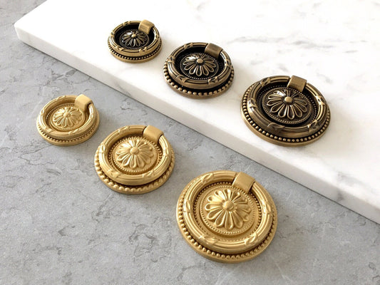 Brass Drop Ring Drawer Pulls, Floral Backplate, Antique Bronze, Gold