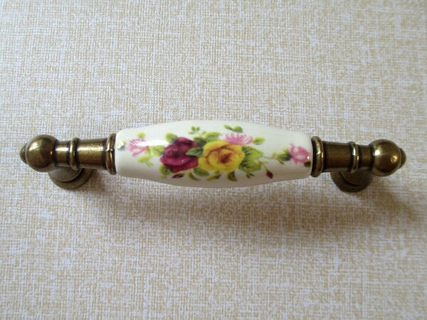 3.75" C-C Floral Drawer Pull & Knobs, Antique Bronze, Cream, Ceramic