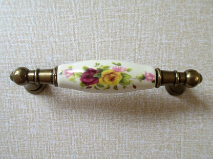 3.75" C-C Floral Drawer Pull & Knobs, Antique Bronze, Cream, Ceramic