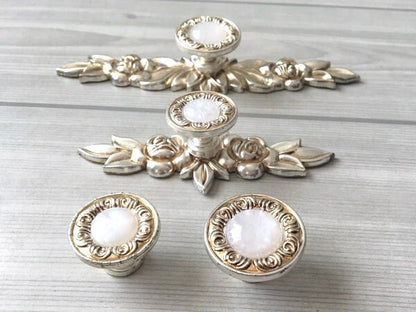 Drawer Knobs with Backplate, Shabby Chic, White Antique Silver