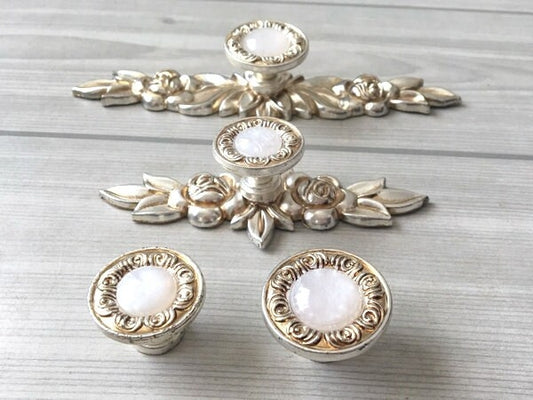 Drawer Knobs with Backplate, Shabby Chic, White Antique Silver