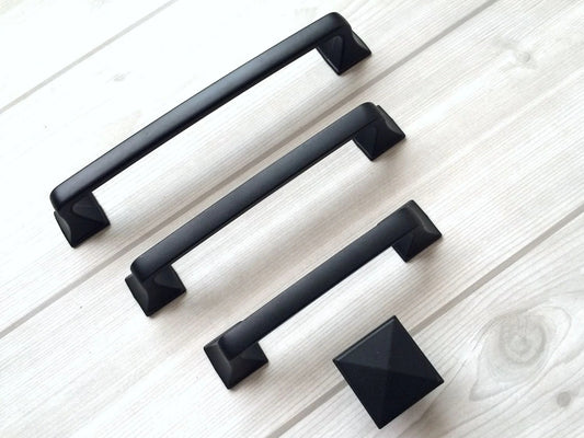 Black Cabinet Pulls, Square Knobs, Minimalist Kitchen Hardware