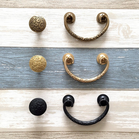 2.75" to 3" Centers Brass Drop Bail Drawer Pull with matching knob, Vintage Style, Antique Bronze Black