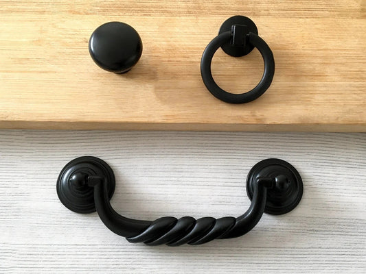 4.5" Black Bail Drawer Pull Handles, Round Knob and Drop Ring