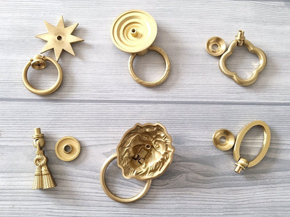 Brass Drop Ring Drawer Pulls, Lion Head, Oval, Floral Backplate, Tassel, Starburst, Clover