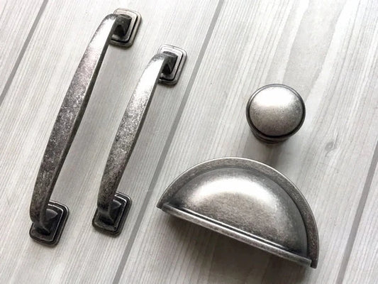 Pewter Drawer Pulls Cabinet Handles, 3" 3.75" 5" Centers, Retro Cabinet Hardware