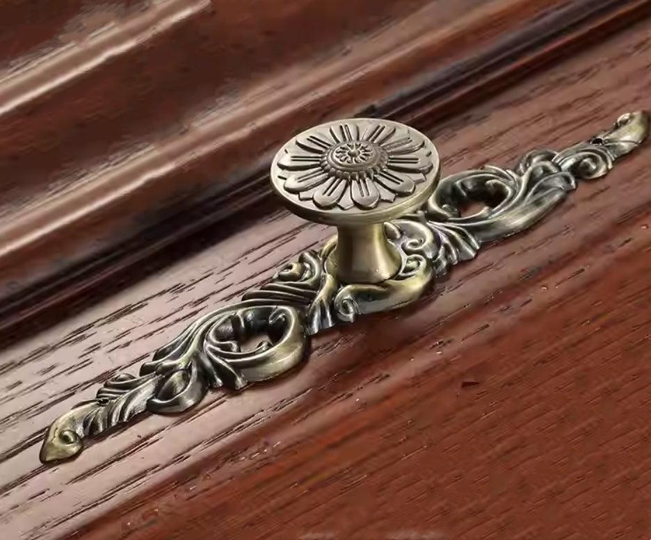 Aged Bronze Floral Cabinet Pull with Backplate - French Country
