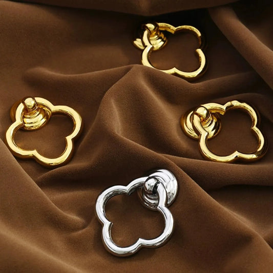 Clover Brass Drop Ring, Cabinet Knobs, MCM Drawer Pulls, Nickel Chrome Bronze