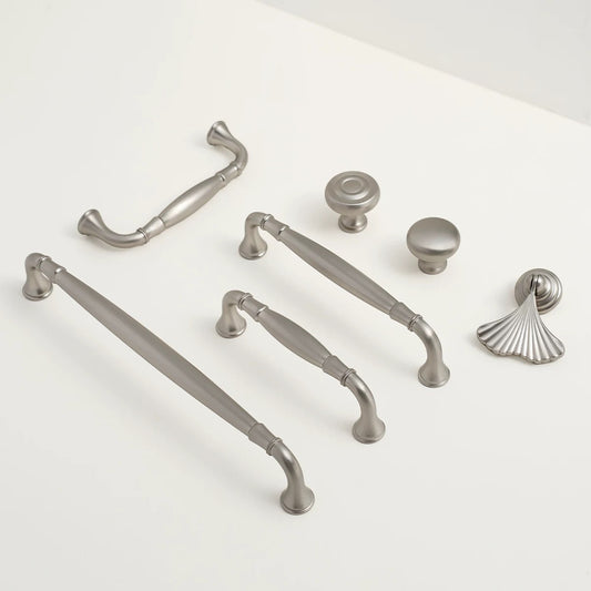 Collection of Brushed nickel cabinet handles and knobs