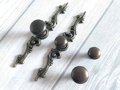 Antique Bronze Drawer Knob with Backplate, Cabinet Pulls Hardware, Vintage Style