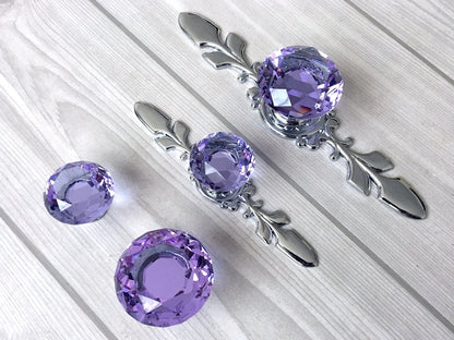 Purple Glass Drawer Knobs with Backplate, Polished Chrome