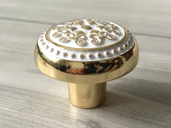 Shabby Chic Drawer Knob, Gold White Cabinet Door Pull, Decorative Kitchen Hardware