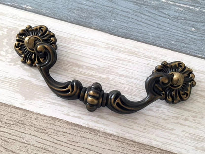 4.5" Vintage Style Antique Gold Brass Drop Bail Drawer Pull and Cabinet Knob