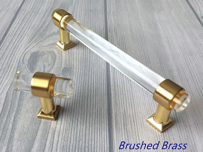 Poignées de tiroir en Lucite, acrylique, laiton doré brossé | Lynns Hardware | Entraxes : 5, 6,35 et 8,35 cm