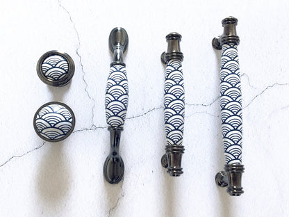 3.75" 5" Porcelain Cabinet Pulls, Blue White Scallop, Geometric Fish Scale, 96 128 mm Holes