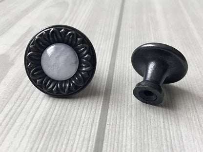 Gem Look Antique Black White Drawer Pulls, Backplates, Rustic Kitchen Hardware