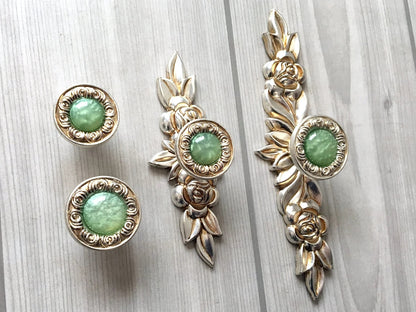 Shabby Chic Style Green Drawer Knobs with Antique Silver Backplate