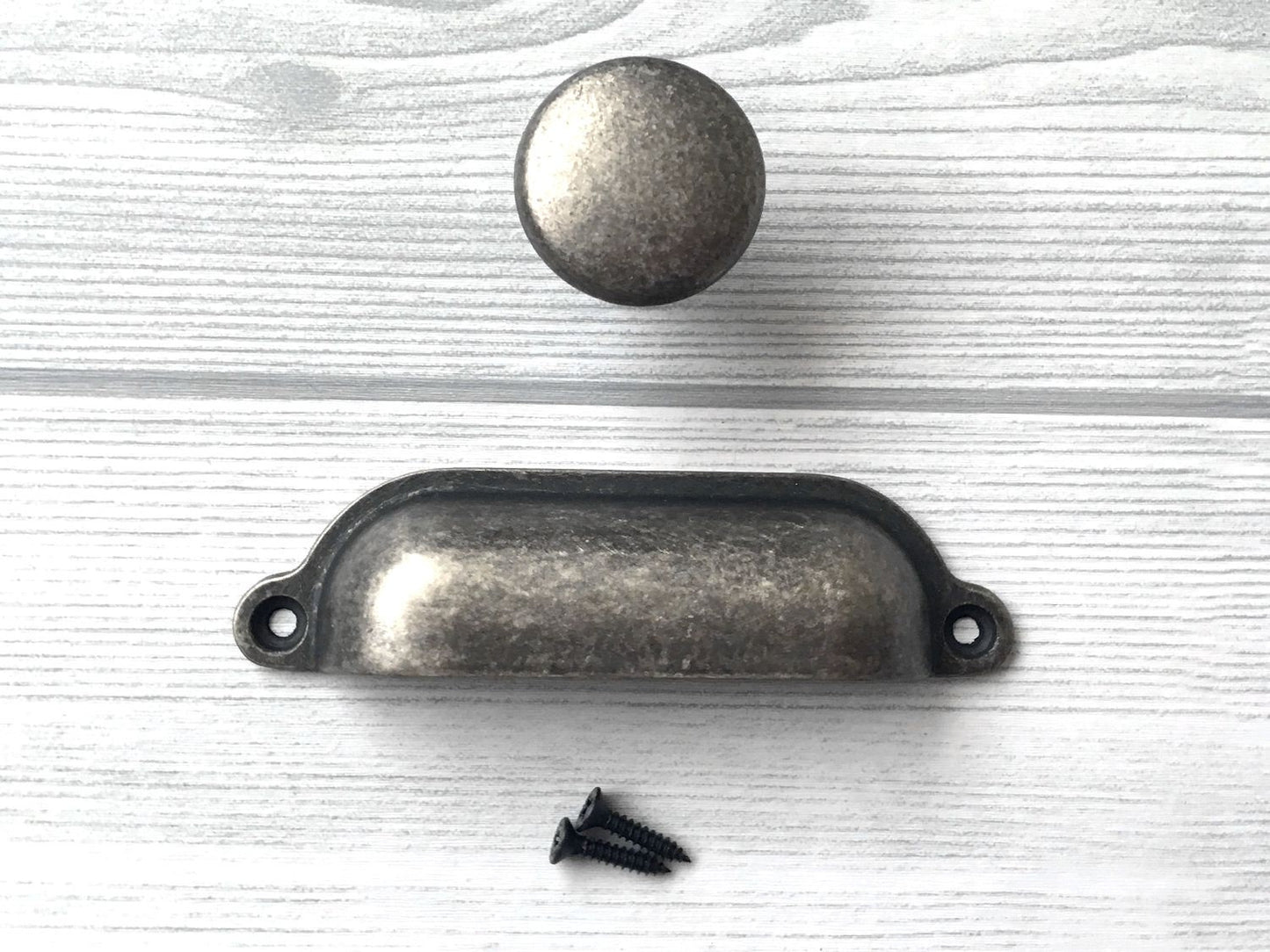 Cup Drawer Pull and Knobs, Antique Pewter, 3.5" Centers