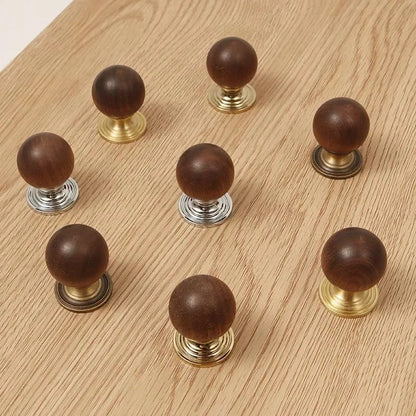 Walnut Wood Brass Cabinet Knobs - Japandi Kitchen Hardware - LynnsHardware