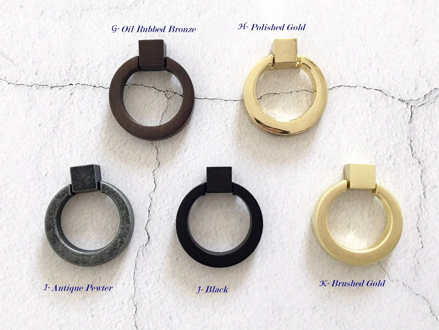 Square & Ring Drop Cabinet Pulls, Gold, Nickel, Bronze, Black