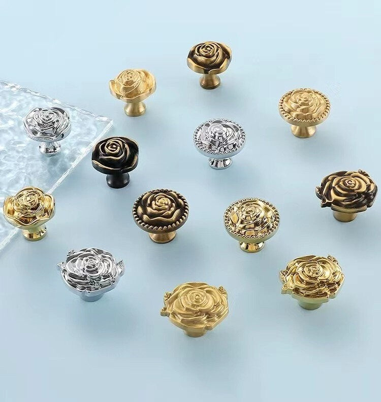 Flower Brass Cabinet Knobs in Gold Silver Bronze
