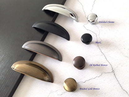 3" Cup Drawer Pull & Cabinet Knob 76 mm Centers, Gold, Nickel, Bronze and Pewter