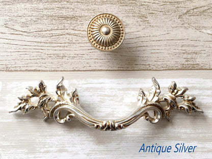 3" Centers Leafy Drawer Pulls, French Provincial, Antique Bronze Silver Copper