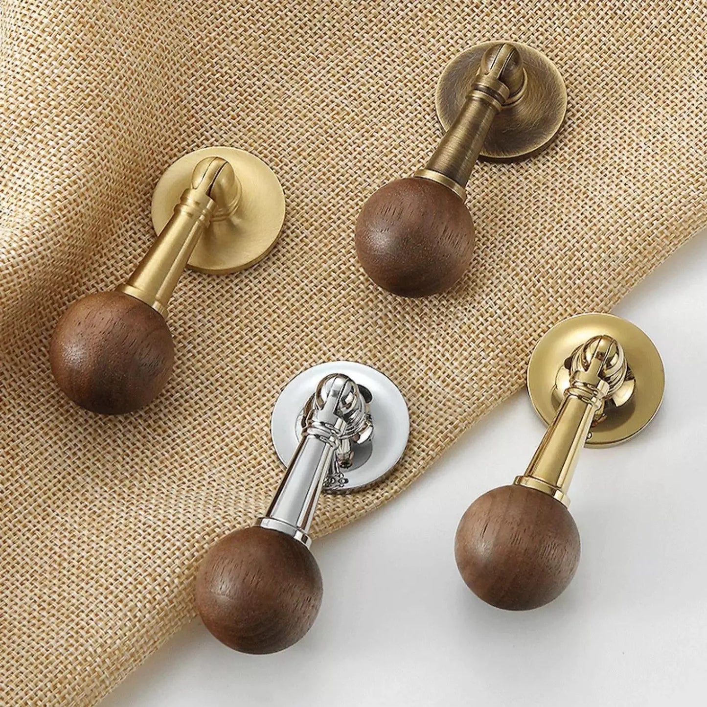 Walnut Brass Cabinet Knob, Pendant Wooden Drawer Pull, Oriental Retro Kitchen Hardware