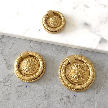 Brass Drop Ring Drawer Pulls, Floral Backplate, Antique Bronze, Gold