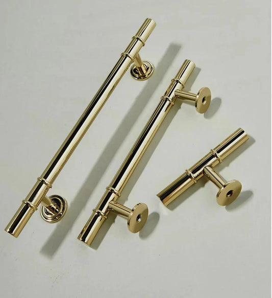 3.75" 5" Polished Gold Brass Cabinet Bar Handle, T Shaped Drawer Knob, Scandi Vanity Pull